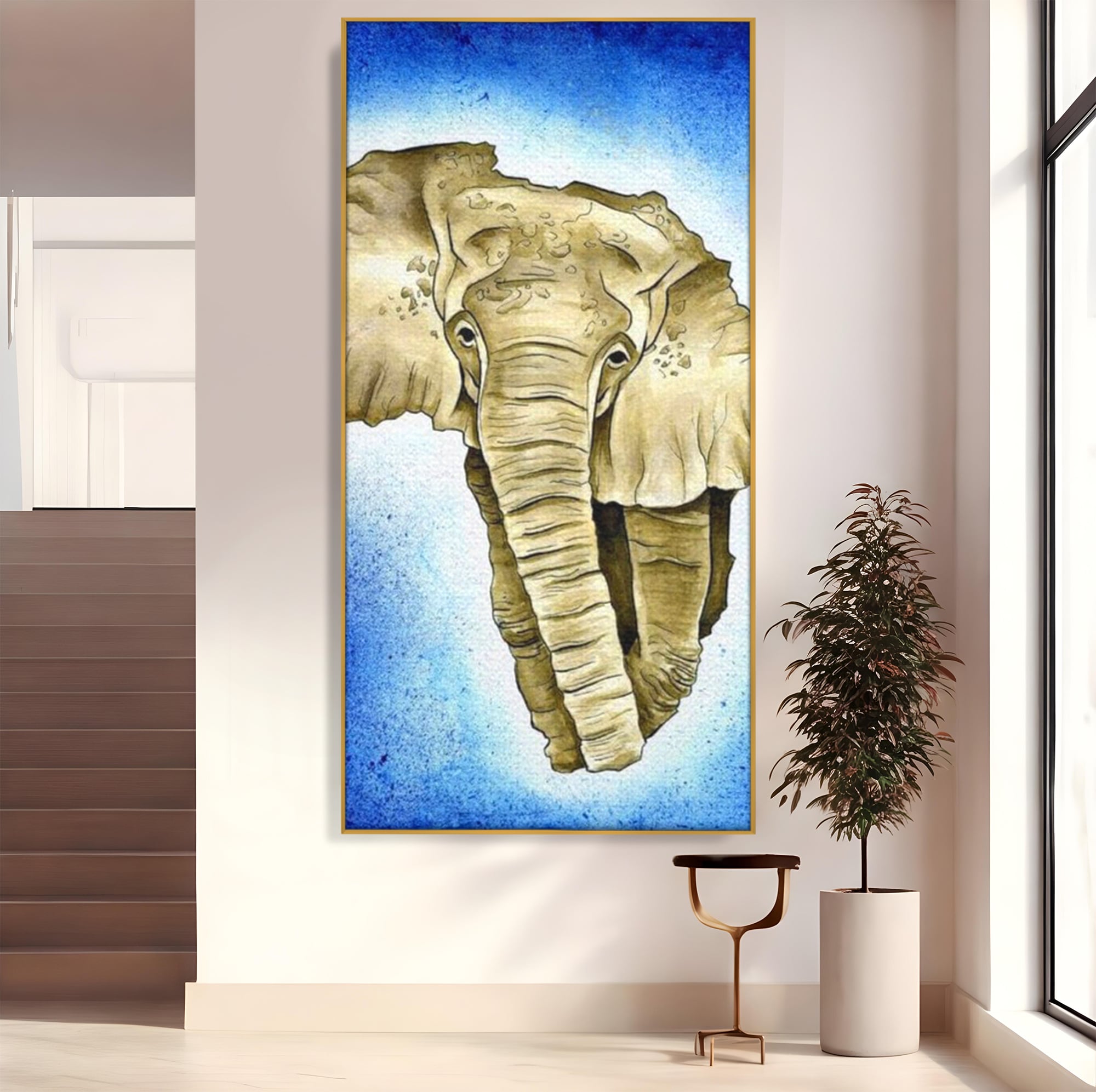 Tablou canvas cu tablou canvas cu cap de elefant, in rama de aluminiu auriu